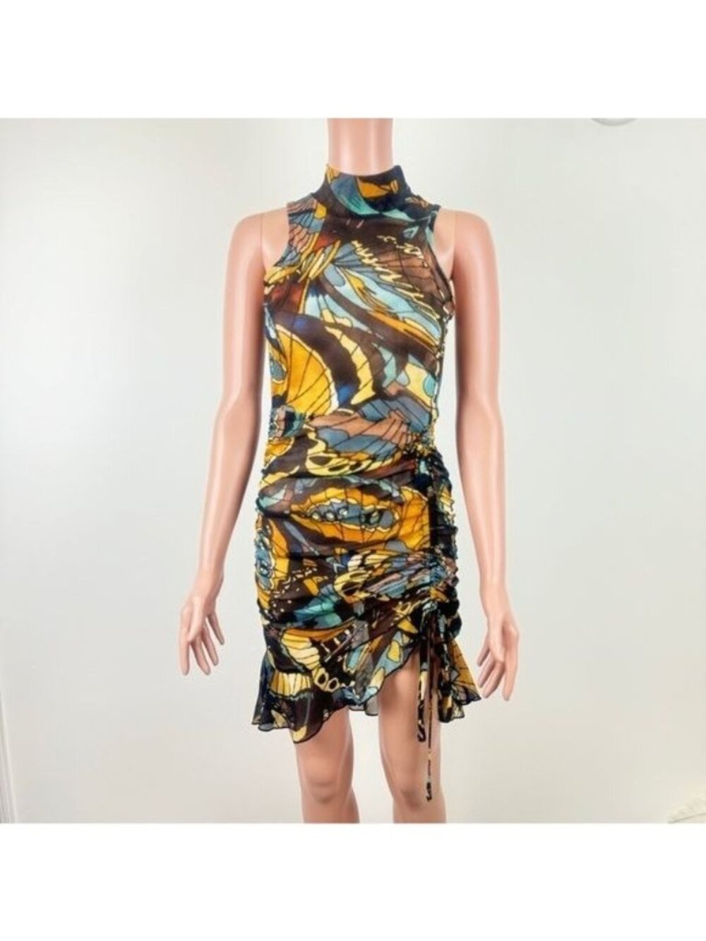 Women's WIN WIN Sheer Abstract Print Asymmetric Ruched Mini Dress NWT Size S